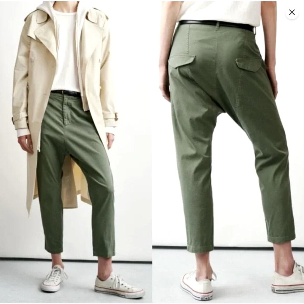 Nili Lotan 2 Slouchy Paris Pants Cotton Drop Crotch $345 Cropped Camo Army Green - Picture 3 of 8